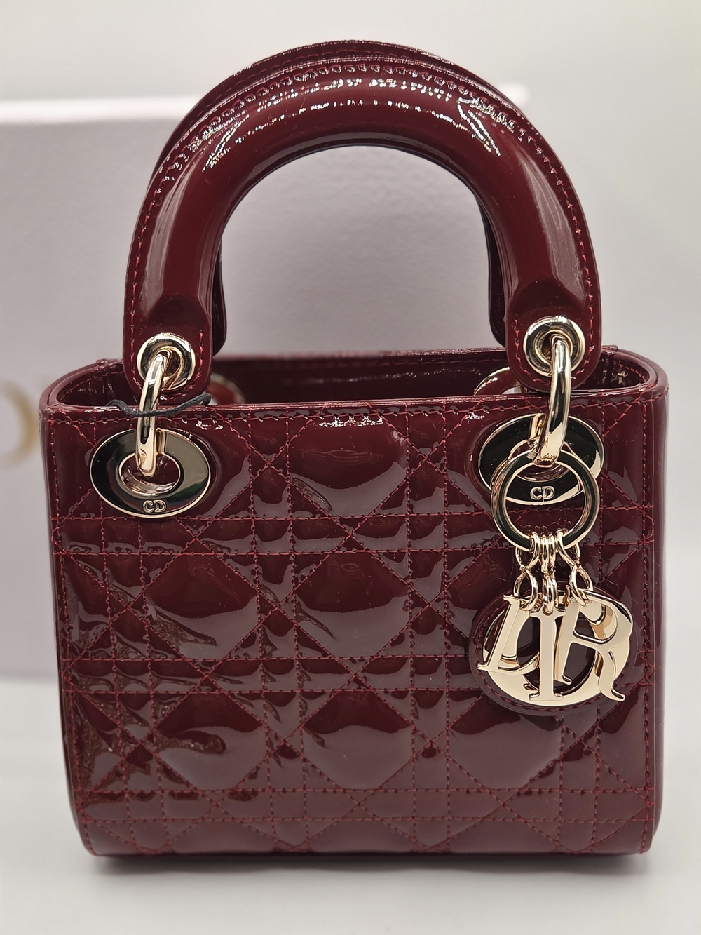 Authentic Christian Dior Mini Lady Dior Bag - Burgundy Patent Cannage GHW - Picture 2 of 16